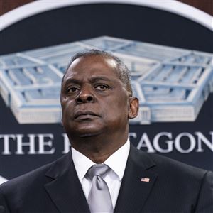 Secretary of Defense Lloyd Austin listens to a question as he speaks during a media briefing at the Pentagon in Washington on Feb. 19. U.S. Defense Secretary Lloyd Austin met Sunday in Tel Aviv with his Israeli counterpart and reinforced American support.