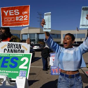 This 2023 photo shows people in Ohio trying to sway voters ahead of the November referendum in which recreational marijuana was legalized in the state.