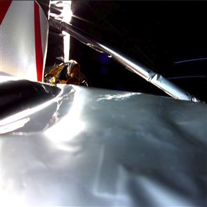 An image from a mounted camera shows a disturbed section of insulation on Astrobotic's Peregrine lander while on its way to land on the moon Monday, Jan. 8, 2024.