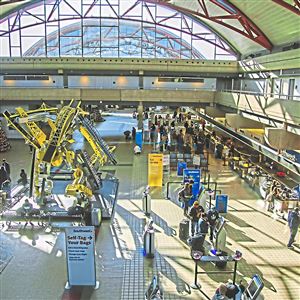 The ticketing area inside the Pittsburgh International Airport. 