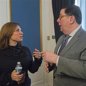 Mayor Bill Peduto chats with Allegheny Conference CEO Stefani Pashman after a press conference about the Amazon announcement on Thursday, January 18, 2018. 