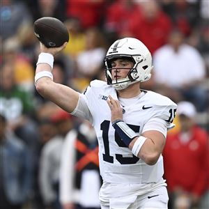 Penn State quarterback Drew Allar throws a pass against Maryland during an NCAA football game on Saturday, Nov. 4, 2023, in College Park, Md.