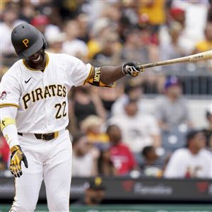Pittsburgh Pirates' Andrew McCutchen reacts after flying out to Philadelphia Phillies pitcher Tyler Phillips during the fifth inning of a baseball game, Sunday, July 21, 2024, in Pittsburgh.