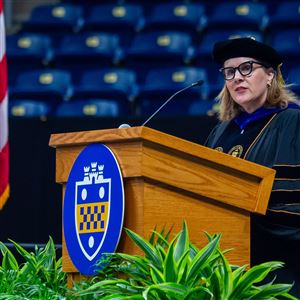 The University of Pittsburgh’s 19th Chancellor, Joan Gabel, greets first-year students at a convocation ceremony at the Petersen Events Center on Wednesday, Aug. 23, 2023. 