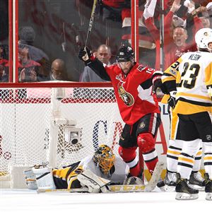 Derick Brassard celebrates a goal Wednesday night scored against Marc-Andre Fleury.