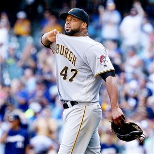 The Pirates' Francisco Liriano reacts after giving up a home run to Chris Carter of the Brewers on Sunday.