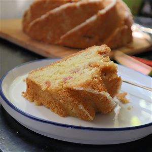 Chunks of sugary rhubarb are baked into this lemon bundt cake.