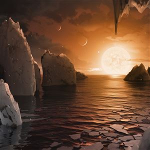 This illustration is an artist's conception of what the surface of the exoplanet TRAPPIST-1f may look like, based on available data about its diameter, mass and distances from the host star. 