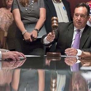 Senate Majority Leader Jake Corman, R-Centre gavels out a rules comity meeting at the Pennsylvania Capitol in Harrisburg, Pa., Monday, July 10, 2017.