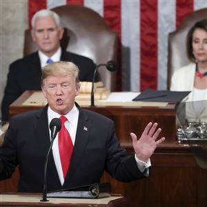 President Donald Trump delivers his State of the Union address to a joint session of Congress on Capitol Hill in Washington, as Vice President Mike Pence and Speaker of the House Nancy Pelosi, D-Calif., watch, Tuesday, Feb. 5, 2019.