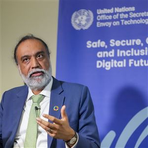 Amandeep Singh Gill, the United Nations tech policy chief, speaks during an interview with The Associated Press, Friday, Sept. 22, 2023, at U.N. headquarters. (AP Photo/Mary Altaffer)
