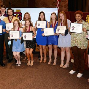Shults Ford owner Richard Bazzy recently looked through scholarship applications so he could award $5,000 to one student graduating from his alma mater of Steel Valley Senior High School in Munhall. But he wound up giving one to all 11 applicants. Pictured here at the school, from left, are: Chelsea McDade of Shults Ford with students Zack Woolheater, Camden Rager, Aidan Good, Alexis Proof, Sophia Thompson, Angela Fichter, Isabella Sabo, Camille Matusky, Lydia Alexandroff, Malaysia McCutcheon and Ava Hafen.  
