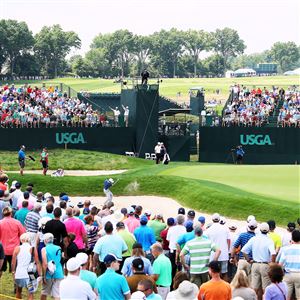 Jason Day plays a shot from a bunker on the seventh hole during the first round of the 2016 U.S. Open at Oakmont Country Club.