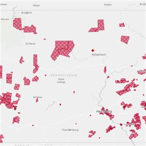 The Department of Environmental Protection's new PennEnviroScreen tool maps out environmental justice areas in red. These regions have the largest pollution burden and most vulnerable populations, according to the DEP formula.  Credit: PennEnviroScreen