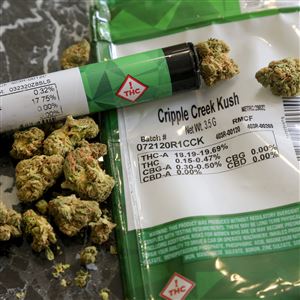 The THC percentages of recreational marijuana are visible on the product packaging, April 19, 2021, in Mamaroneck, N.Y.