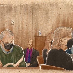 Jury selection, day 14, in the case against accused synagogue shooter Robert Bowers. The defendant (left), defense attorney Judy Clarke and other members of the defense team observe as a potential juror is questioned by Judge Colville (not pictured).