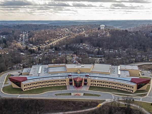 Penn Hills High School can be seen in this aerial photo taken on Friday, Feb. 8, 2019, in Penn Hills. Penn Hills School District has been driven to the brink of financial collapse through its borrowing to build two schools with state-of-the-art features nearly a decade ago. It is now approximately $172 million in debt and in the beginnings of state-ordered financial recovery status.