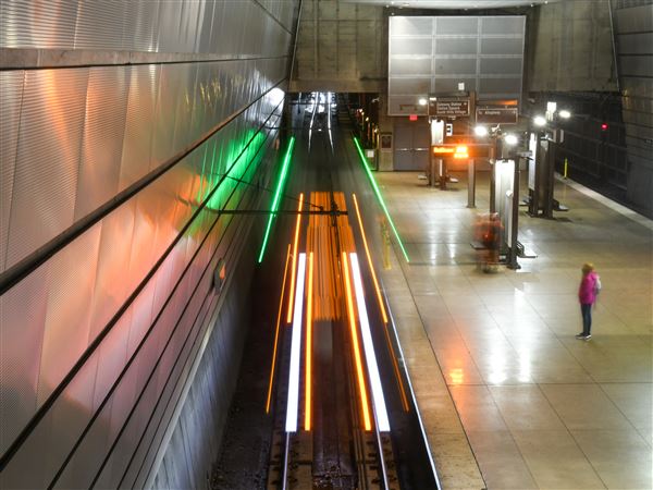 The Pittsburgh Regional Transit (PRT) T light rail passes through the North Shore Station on Thursday, March 20, 2025. 
