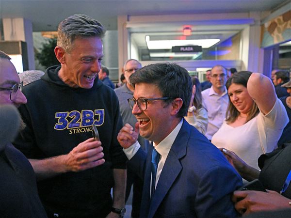 Corey O’Connor is congratulated s he arrives at his celebration party for Democratic Mayor Candidate at Nova place on North Side on Tuesday, May 20, 2025.