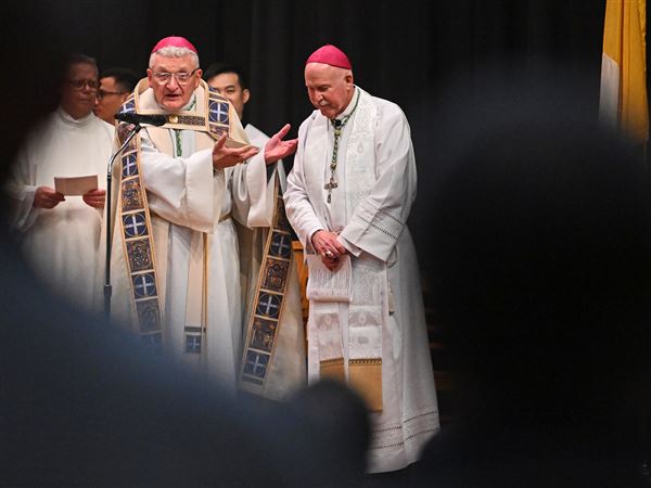 Catholic Diocese of Pittsburgh Bishop David A. Zubik, left, introduces the new Bishop Mark A. Eckman during the Clergy Day Vespers at the Diocese of Pittsburgh Pastoral Center on Wednesday, June 4, 2025. 