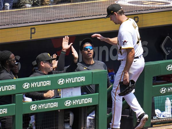 Pittsburgh, United States. 04th June, 2023. Pittsburgh Pirates relief  pitcher David Bednar (51) and Pittsburgh Pirates catcher Austin Hedges (18)  celebrates the 2-1 win against the St. Louis Cardinals at PNC Park