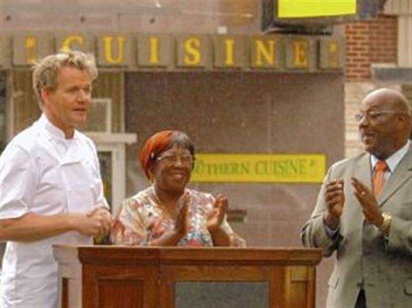 During a visit to Wilkinsburg in June 2012, chef Gordon Ramsay appeared with restaurant owner Jean Gould and Mayor John Thompson in front of Ms. Jean's Southern Cuisine.