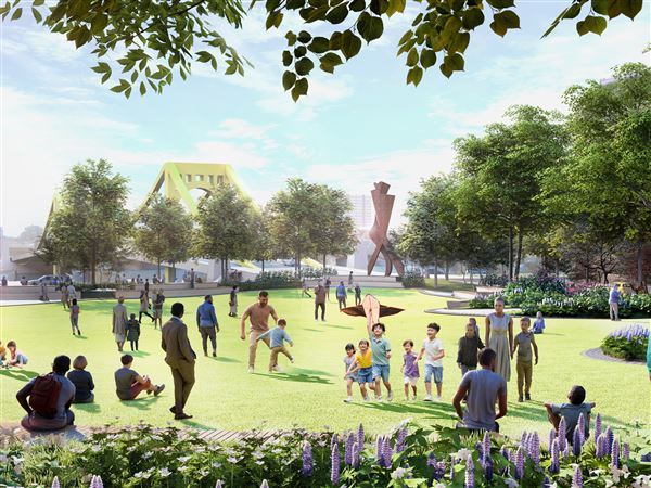 The Eighth Street block of Downtown is being transformed into Arts Landing, a $31 million plan that includes a great lawn, bandshell, play area, and garden walk. 