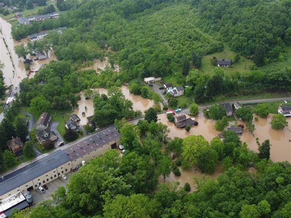 An aerial photo shows flooding in Export along Turtle Creek on Friday, June 6, 2025.