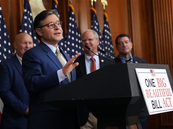House Speaker Mike Johnson, R-La., speaks to the media after the House narrowly passed a bill forwarding President Donald Trump's agenda at the Capitol on Thursday, May 22, 2025, in Washington.