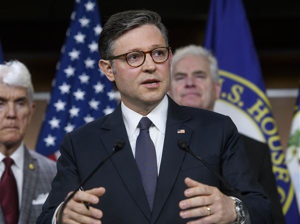 Speaker of the House Mike Johnson, R-La., speaks during a news conference at the Capitol, Tuesday, May 6, 2025, in Washington.