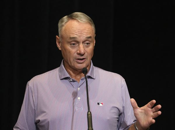 MLB Commissioner Rob Manfred speaks during a news conference Tuesday, Feb. 18, 2025, in Phoenix. 