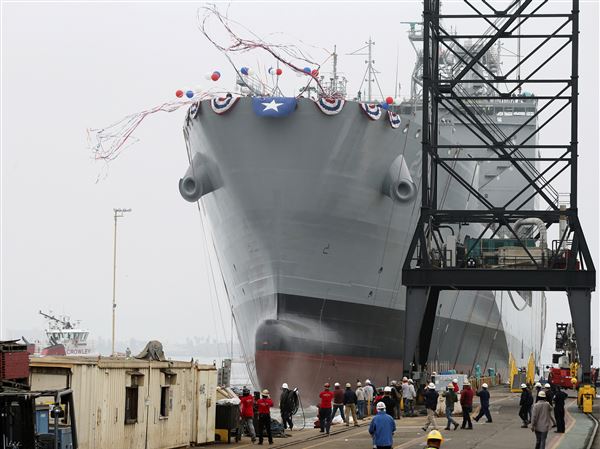 The U.S. Navy launches the USNS Harvey Milk, a fleet replenishment oiler ship named after the first openly gay elected official, in San Diego, Saturday, Nov. 6, 2021.