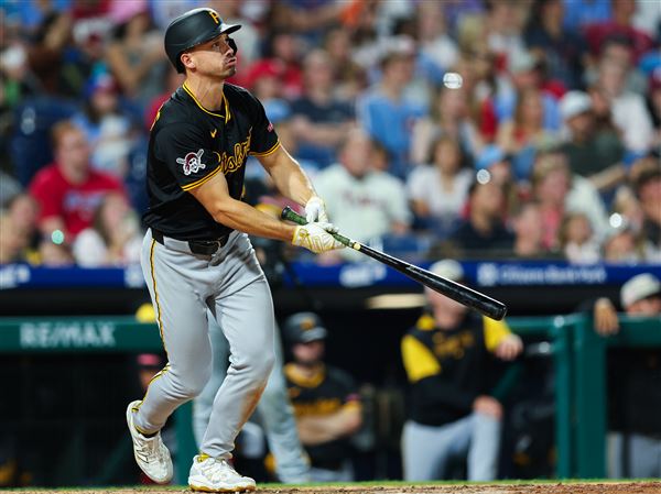 PHILADELPHIA, PENNSYLVANIA - MAY 17: Bryan Reynolds #10 of the Pittsburgh Pirates hits a two-run home run against the Philadelphia Phillies in the ninth inning at Citizens Bank Park on May 17, 2025 in Philadelphia, Pennsylvania. (Photo by Heather Barry/Getty Images)