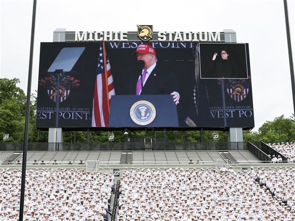 WEST POINT, NEW YORK - MAY 24: U.S. President Donald Trump addresses graduates of the United States Military Academy at West Point in Michie Stadium on May 24, 2025 in West Point, New York. Over one thousand cadets are expected to graduate in the same year that the U.S. Army celebrates its 250th birthday. This year's graduating class included honorary member Peter Wang, a junior ROTC cadet who was killed in the 2018 mass shooting at Marjory Stoneman Douglas High School in Parkland, Florida. (Photo by Michael M. Santiago/Getty Images)