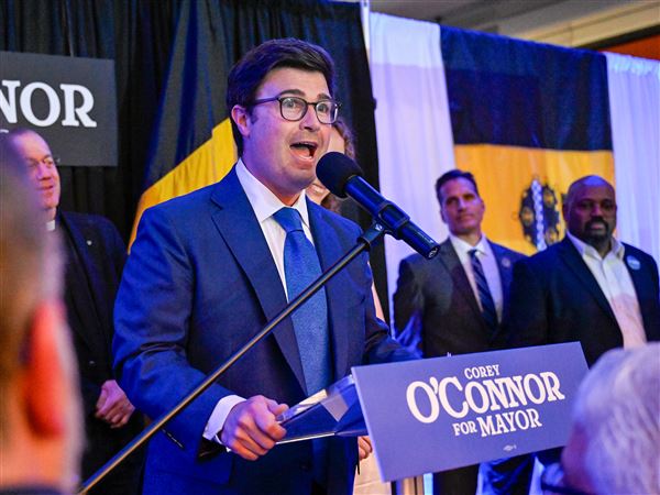 Corey O’Connor speaks at his celebration party after he was declared the winner of the Democratic primary for Pittsburgh mayor at Nova Place on the North Side on Tuesday, May 20, 