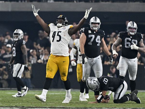 Raiders fans celebrate after beating the Pittsburgh Steelers at Heinz Field  during an NFL footb …