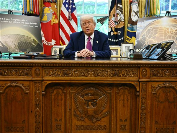 President Donald Trump speaks during an announcement about the Golden Dome missile defense shield in the Oval Office of the White House on Tuesday, May 20, 2025, in Washington.