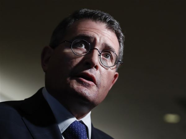 In a photo from Nov. 16, 2016, then-Federalist Society Executive Vice President Leonard Leo speaks to media at Trump Tower in New York. He was  advising President Donald Trump on his Supreme Court nominee.