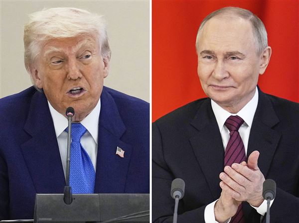 This combination photo shows President Donald Trump in a business roundtable, May 16, 2025, in Abu Dhabi, United Arab Emirates, left, and Russian President Vladimir Putin at a signing ceremony at the Kremlin in Moscow, May 10, 2025. (AP Photo)