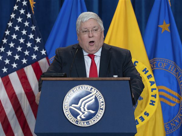 West Virginia Gov. Patrick Morrisey speaks during a news conference at the Hubert Humphrey Building Auditorium on Tuesday, April 22, 2025, in Washington.