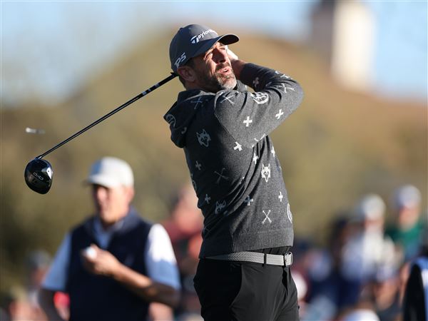 Aaron Rodgers hits a shot during the Pro Am prior to the WM Phoenix Open 2025 at TPC Scottsdale on Feb. 5, 2025 in Scottsdale, Ariz.