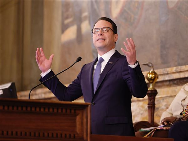 Governor Josh Shapiro, shown presenting his 2025-26 budget proposal in the state House in February, reiterated on Thursday that the Trump administration is causing "chaos" in Washington, D.C.