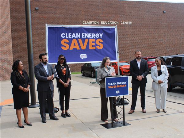 Clairton school officials and elected leaders from the Mon Valley region gathered Thursday, May 29, 2025 to discuss a solar project for Clairton Middle/High School that will save an estimated $1.5 million for the school district over the 30-year lifespan of the project. Speaking at the podium is Sharon Pillar, founder and executive director of Pennsylvania Solar Center. 