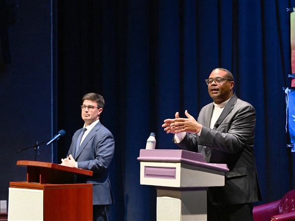 Allegheny County Controller Corey O’Connor and City of Pittsburgh Mayor Ed Gainey debate during the 14th Ward Independent Democratic Club’s mayoral candidate discussion and debate at Chatham University’s Eddy Theatre in Squirrel Hill Sunday, Feb. 2,  2025.