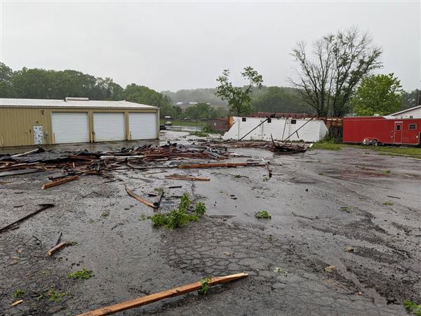 The roof of a salt barn near Unionville, Butler County, near the Unionville Volunteer Fire Company headquarters was ripped off by what the National Weather Service in Moon has determined was a tornado on Wednesday, May 21, 2025.