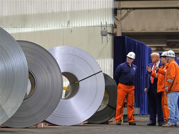 President Donald Trump talks to workers as he tours U.S. Steel Corporation's Mon Valley Works-Irvin plant, Friday, May 30, 2025, in West Mifflin, Pa. 